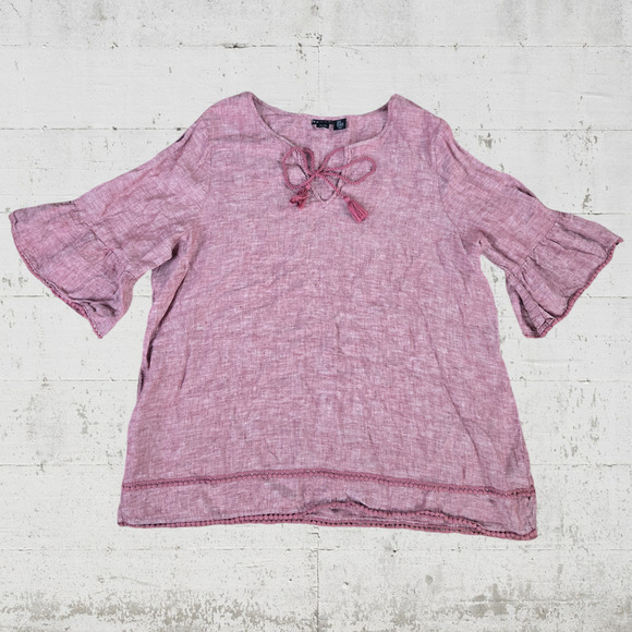 Tahari Washed Red Linen Tassel V Neck Boho Peasant Blouse Size 2X - Picture 1 of 7